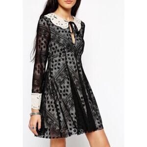 Free People Talk The Talk Demure Lace Long Sleeve Mini Dress Black 6